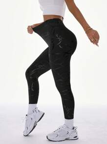 Figurbetonte Leggings mit hoher Taille und Hüftanhebung, künstlerischer Foliendruck für Fitness & Streetwear, Taillenformung & Po-Anhebung | Modische, metallische Leggings, die man überall tragen kann, anatomisch gestaltete Po-Anhebung, metallische Folien-Verarbeitung, hohe Taille mit Kompression, jugendlich, nahtloser Übergang vom Studio zur Straße, Damen-Metallic-Yogahosen