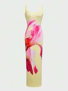 Minimalist Romantic Floral Print Elegant Sexy Knit Asymmetric/Asymmetrical Casual Dress, Suitable For Garden Party, Evening Date, Beach, Spring/Summer
