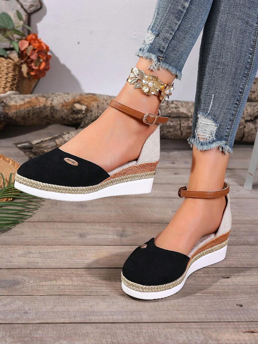 Sandalias de plataforma con punta cerrada, correa con hebilla, estilo de zapatos de pescador tejidos con cuerda de cáñamo para mujeres de talla grande, nueva temporada de primavera/otoño - Negro - Ver 1