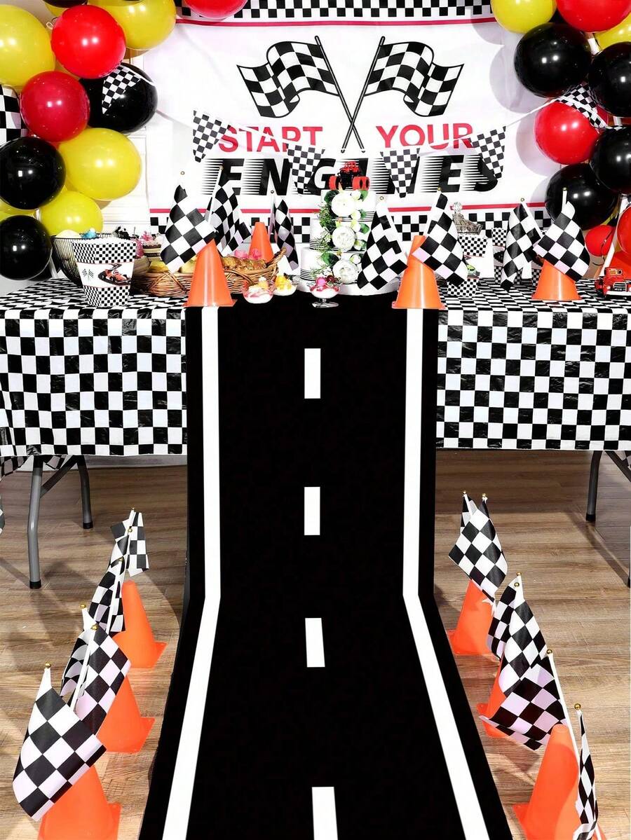 1Pc 60*250cm Racing Track Mat Polyester Tablecloth Table Runner,Black And White Runway Style,Racing Themed Party Game Mat,Sports Theme Party Decor,Perfect For Racing Party Track Background,Car Enthusiasts&Karting Events,Birthday Party Supplies,Home Decor,Racing Car Long Racetrack Floor Running Mat, Living Room Bathroom Decorative Floor Mat Mother's Day Graduation - MultiWarna - View 1