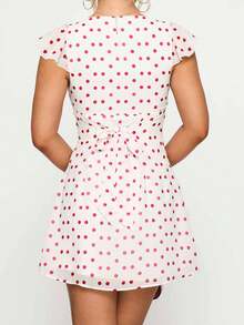 Vestido de verano corto tipo línea A con escote en V y mangas voladoras con estampado de puntos para mujer - Blanco - Ver 5