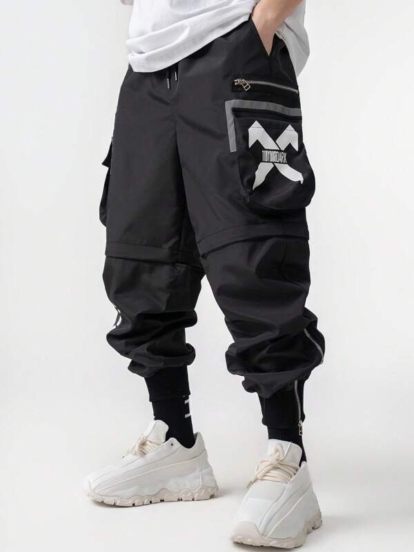Unisex Men's Multi-Pockets Elastic Waist Removable Functional Cargo Pants, Paratrooper Pants