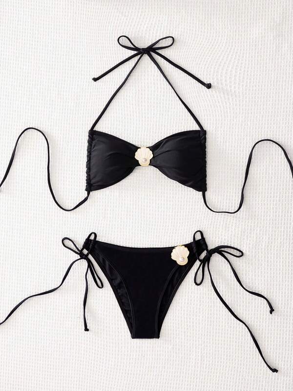 Bikini nero, top a fascia e slip coordinati a tinta unita, due pezzi, costume da bagno per donna, adatto per estate, spiaggia, vacanza, outfit estivi da donna, abbigliamento da spiaggia, costume push-up, gita di laurea