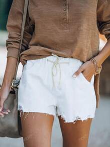 Women's Pocket Frayed Hem Denim Shorts, Casual Summer Style