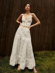 法式百搭休闲度假蕾丝拼布长裙，重工刺绣A字裙 - 米色 - 查看 1