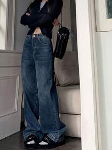 海军蓝色及地宽松长裤，女式直筒牛仔裤，皮革贴片设计 - 藍色 - 查看 3