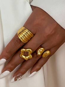 1 Pc Golden Color Chunky Statement Ring , 18K Gold Plating Cooper Metal Rings Set , Minimalist Simple Design Ring For Women