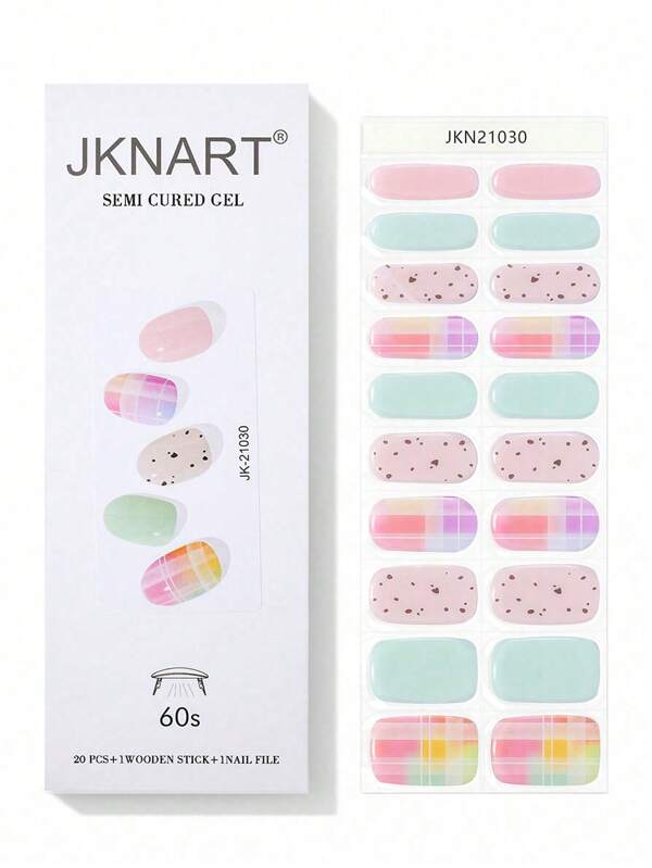 JKNART 20pcs/Pack Cured Gel Nail Polish Stickers, UV Gel Nail Strips, Half Cured Nail Stickers, 2nd Gen Soft Gel Nail Polish Strips, Waterproof, Solid Color Gel Nail Stickers, Multi Color Nail Stickers, Popular Style