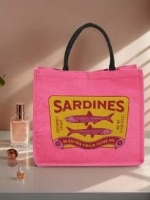 Geantă de mână și genți cosmetice multifuncționale cu imprimeu retro cu sardine, portofel pentru monede din in roșu-roșu, geantă de cumpărături, geantă de plajă, geantă de machiaj, portofel pentru monede, geantă de frumusețe, depozitare cosmetice în căminul universitar, potrivită pentru călătorii, plaje și întoarcerea la școală, cadou de ziua de naștere, cadou de Ziua Mamei (direcția frânghiei este aleatorie)