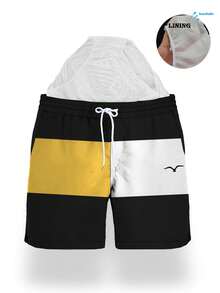 Men's Summer Printed Pattern Drawstring Waist Slant Pockets Hawaii Quick-Drying Mesh Lining Shorts, Beach Style 3D Seagull Color Blocking Print Casual Beach Holiday Swim Trunks, Hawaiian - Yellow - View 5
