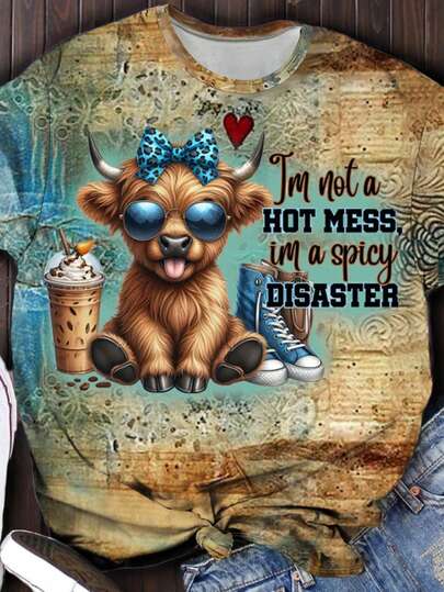 女式复古动物印花圆领短袖T恤