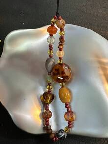Premium Amber Color Leopard Beaded Phone Lanyard Wrist Strap, Heavy-Duty Keychain, Bag Charm - Brown - View 5