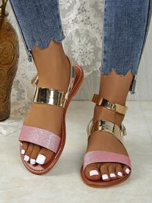 New Stylish Casual Strap Gold Heel Beach Hook And Loop Flat Sandals - Pink - View 3