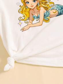 2 pièces/set Top à manches courtes avec imprimé princesse fantaisie et jolie jupe sirène en maille dégradée multicolore à écailles de poisson pour petites filles