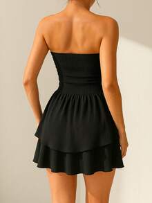 Women's Elegant Strapless Pleated Mini Dress, Black Tube Top Ruffle Hem Elastic Waist Double Layer Flounce Design, Lightweight Summer Dress - Black - View 2