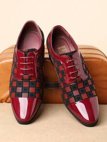 1 Pair Men's Diamond Pattern Casual Sneakers, Synthetic Leather Lace-Up, Suitable For Beach, Commute, Gym, Outdoor Party, Home Wear, All Season - Red - View 4