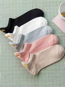 5 Pairs Women's Thin Crown Patterned Breathable Mesh Heel Casual Boat Socks, No Show Socks, Versatile & For Spring/Summer