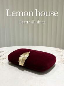 1pc Vintage Velvet Wine Red Color Elegant Ladies Clutch Bag, Metallic Leaf Decor, Formal Evening Handbag Suitable For Gala, Wedding, Special Occasion , New Year - Burgundy - View 6