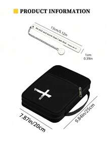 1pc Minimalist Cross Print Bible Bag, 1pc Stainless Steel Cross Bookmark With Chain, Zipper Pocket Handbag, Black Minimalist Cross Print Bible Storage Bag - Black - View 14