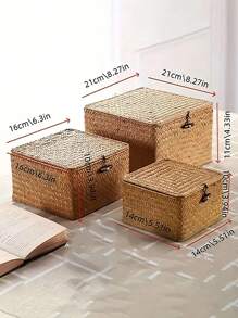 1 pieza Cesta de almacenamiento rectangular y cuadrada tejida con tapa, adecuada para salas de estar, dormitorios, baños, cocinas y fiestas festivas