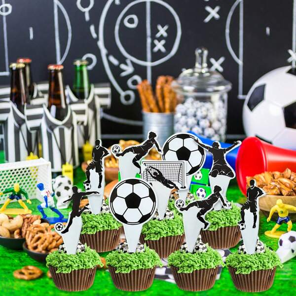 24pcs Black & White Sport Theme Cupcake Toppers, Suitable For Cake Decorations, Juice/Cocktail Cup Decorations, Birthday Parties, Baby Showers, Graduations, Dessert Decorations