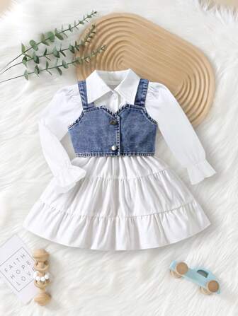 2pcs/Set Girls Casual Dress, Fashion Suspender Top And Turndown Collar Long Sleeve Dress, Stylish Outfit For Toddler And Young Girl Spring/Autumn