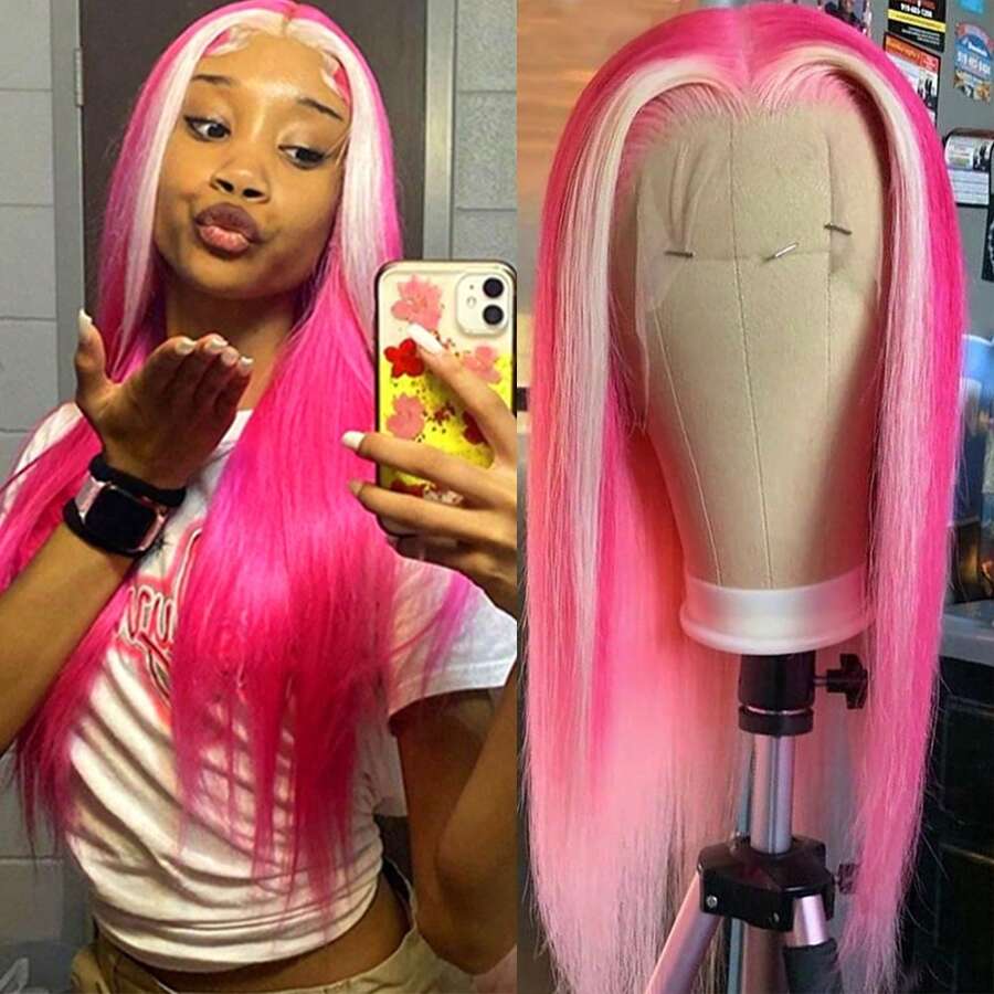 Purple Color Lace Front Wigs Pre Plucked Hairline Long Straight Wigs For Fashion Women Girls Party Daily Wear Glueless Dark Purple Lace Front Synthetic Wigs 13x4 Free Part Heat Resistant Fiber Hair 28 Inch 180% Density - Blonde Hot Pink - 查看 1