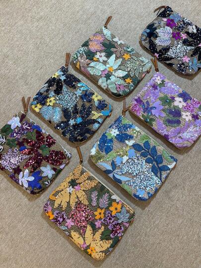 Imprescindible para el verano: un bolso de paja tejida con gran capacidad para cruzar el Body, un elegante bolso de embrague con flores bordadas y lentejuelas para damas, de tipo preferido, adecuado para vacaciones, fiestas, playas, regalos, bodas, universidades, compras, citas, vacaciones y vida diaria. (La posición del patrón del recorte es aleatoria)