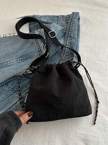 Sac seau minimaliste et léger à cordon de serrage, sac bandoulière en nylon de couleur unie, convient pour les courses, le portefeuille, les courses, les jeunes femmes - Noir - Voir 6
