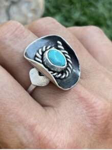1 Unique Turquoise Ring With Retro Style Gold Metal Women's Ring, Suitable For Daily Matching Of Party Themed Activities
