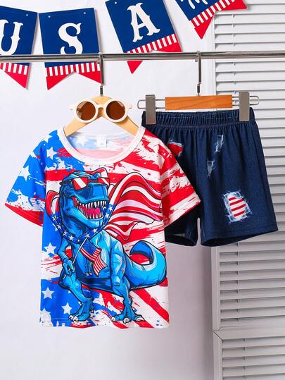 2pcs Independence Day Dinosaur Print Round Neck Top And Digital Graphic Print Shorts Set, For 3-7 Years Old Kids, Holiday, Casual, Outdoor Activities