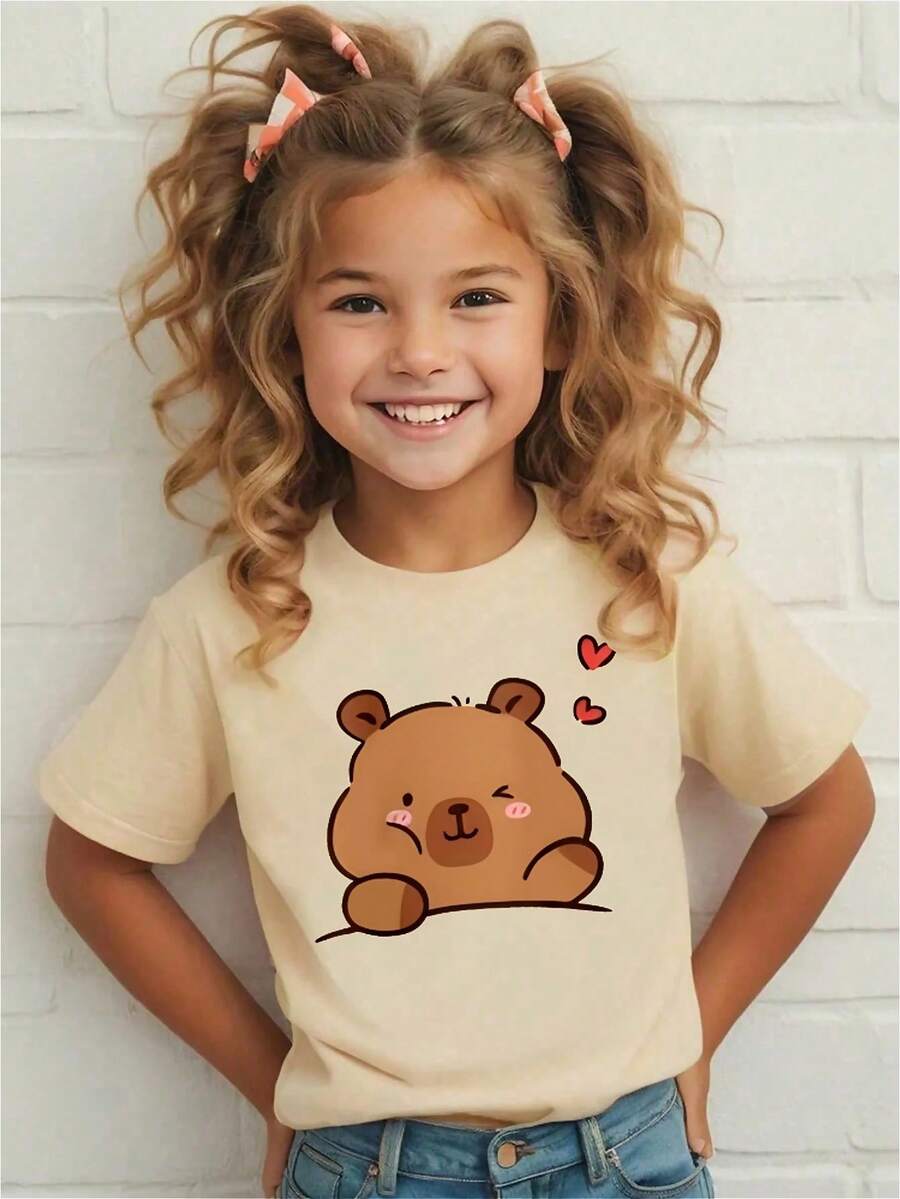 Girls Capybara Print Round Neck Short Sleeve T-Shirt, Children Casual Tops - Apricot - View 1