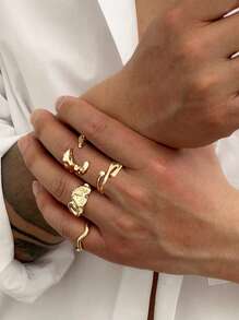 5pcs Minimalist Geometric Liquid Metal Rings Set, Adjustable Fashionable Punk Jewelry For Men