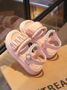 2 pares de sandalias de suela blanda para niñas, con cierre de hebilla de perla, diseño casual y de moda, apropiadas para el uso al aire libre en verano