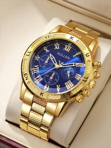 1pc Men's Fashionable Casual Three-Eye Roman Numeral Sun Moon Star Dial Stainless Steel Band Quartz Wristwatch, Stylish And Classic - Gold - View 1