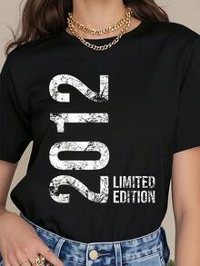 100% Cotton 12th Birthday 12 Years Old Girl Boy 2012 T-Shirt Women's Fashionable Graphic T-Shirts. Round Neck Short-Sleeved Casual Tops100% Cotton Summer T-Shirt For Women - Black - View 1