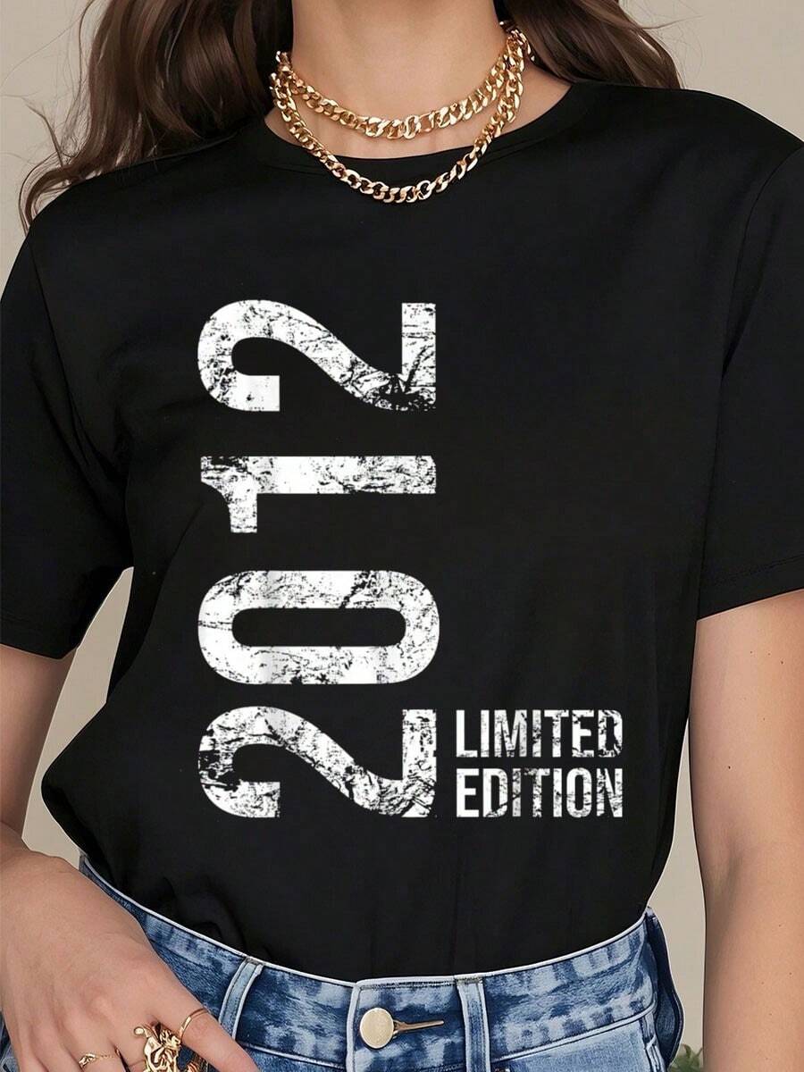 100% Cotton 12th Birthday 12 Years Old Girl Boy 2012 T-Shirt Women's Fashionable Graphic T-Shirts. Round Neck Short-Sleeved Casual Tops100% Cotton Summer T-Shirt For Women - Black - View 1