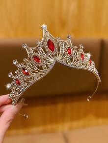 1pc Golden Large Crown Headband, Fashionable And Elegant Tiara For Everyday Wear And Performance - Red - View 2