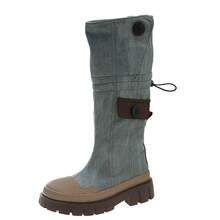 New Retro Denim Thick-Soled Work Boots For Women, Shell-Toe High-Top Riding Boots - Dusty Blue - View 2