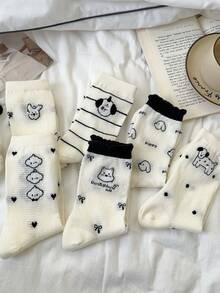 6pairs White Mesh Cartoon Puppy Socks For Women In Middle Socks Summer Thin Jk Piles Of Stockings