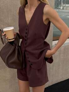 Ensemble de gilet et short casual élégant style ancien argent pour femmes, veste de costume sans manches, tenue pour porter au quotidien, au travail, au bureau - Marron - Voir 1