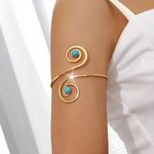 1pc Women Natural Summer Blue Stone Openwork Arm Cuff, Minimalist Fashion Turquoise Armband Jewelry