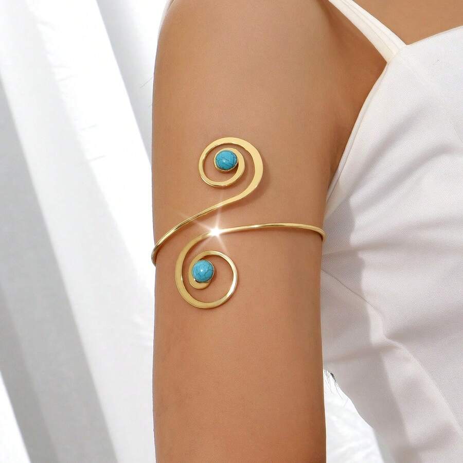 1pc Women Natural Summer Blue Stone Openwork Arm Cuff, Minimalist Fashion Turquoise Armband Jewelry