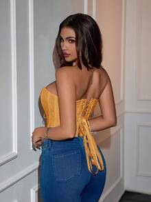女士 Y2K 不对称立体花卉刺绣系带露背抹胸短款上衣 - 黃色 - 查看 3