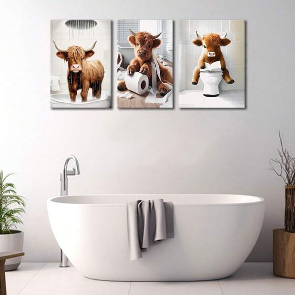 Juego de 3 pinturas en lienzo de arte de pared de vaca de las tierras altas divertida enmarcada, impresiones de carteles de país granero vintage con vaca marrón para sala de estar, baño, inodoro, habitación de hotel, B&B, pasillo, estudio, habitación de niños, guardería, aula, decoración de oficina, listo para colgar