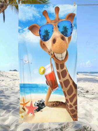 1pc Super Soft & Funny Giraffe Pattern Printed Ultra-Fine Fiber Beach Towel, Home Decor, Suitable For Beach, Pool, Camping And Travel, Extremely Comfortable