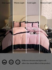 3pcs Soft & Cozy Bedding Set (1 Duvet Cover + 2 Pillow Cases), Pink & Black Ruffled Edges, Suitable For Bedroom And Guest Room - Pink - View 7