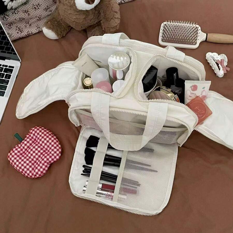 Large Capacity Waterproof Toiletry Bag,Travel Lightweight Large Wide-Open Travel Bag For Women, Puffy Cosmetic Makeup Bag Organizer With Handle For Accessories,Essentials, Toiletries - 米色 - 查看 1
