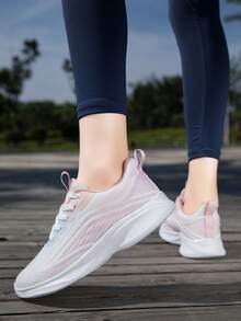 Tênis de corrida feminino leve, multicolorido e com cadarço, respirável, casual, de malha, para atividades ao ar livre - Baby Rosa - Ver 6