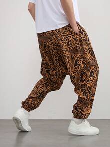 1 件男士宽松休闲哈伦裤，带有叶子元素印花，适合日常和度假，秋季 - 黃色 - 查看 3